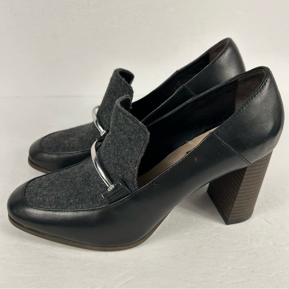 Black Leather and Gray Wool Block Heel Loafers